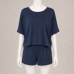 Ekouaer 2XL Navy Blue Ribbed Lounge Set | Soft Cozy Matching Set Athleisure Chic
